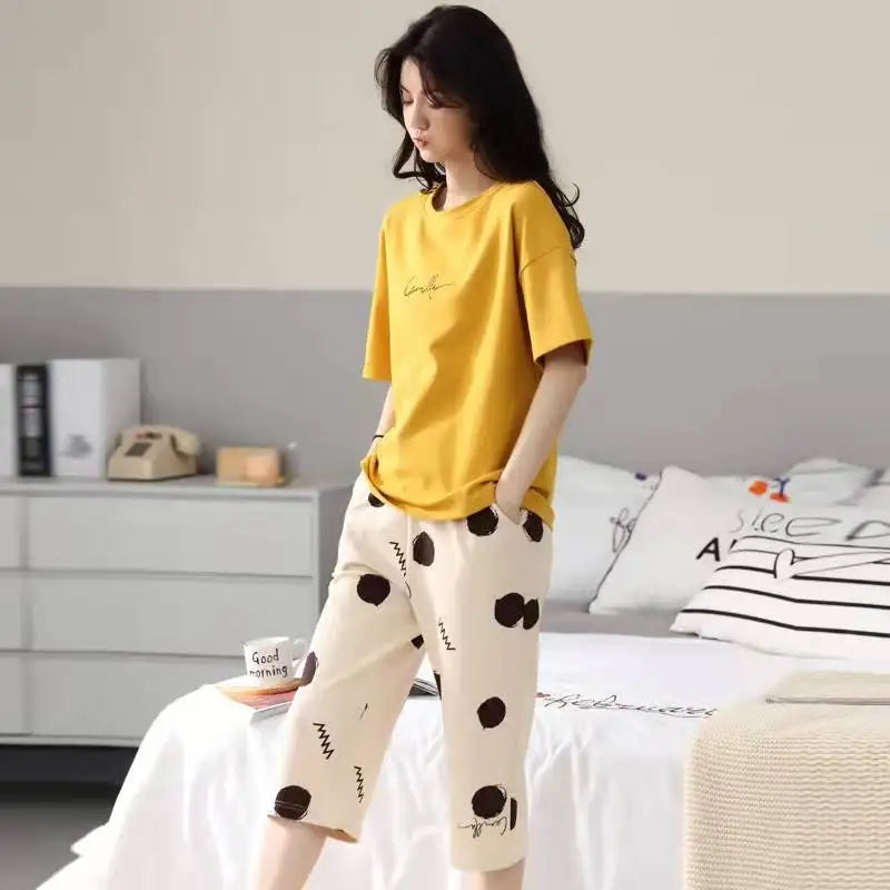 Half-Sleeve Seven-Quarter Trousers Student Nightwear Set Round Neck Cartoon Ladies Pajamas Loungewear
