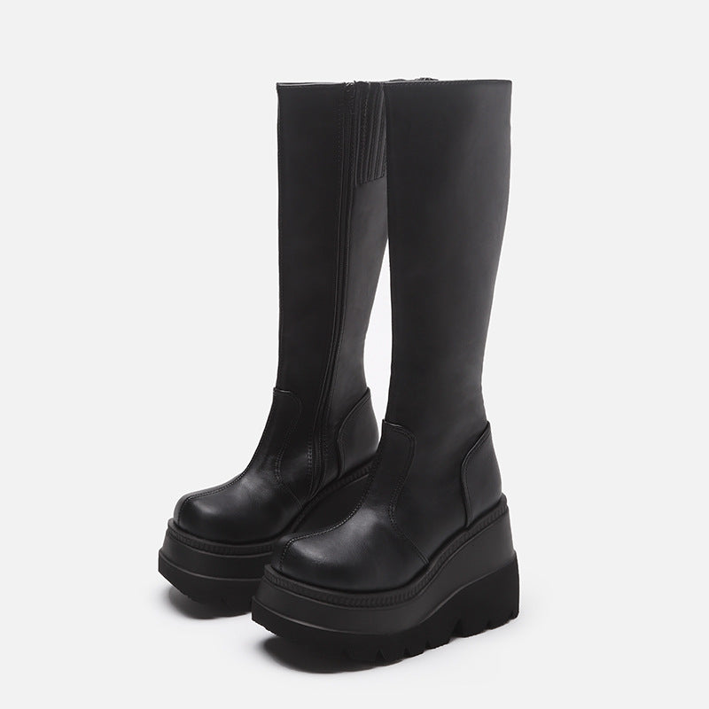 Wedge-heeled Mid-tube Boots Ladies Gothic Style Thick-soled Motorcycle Boots