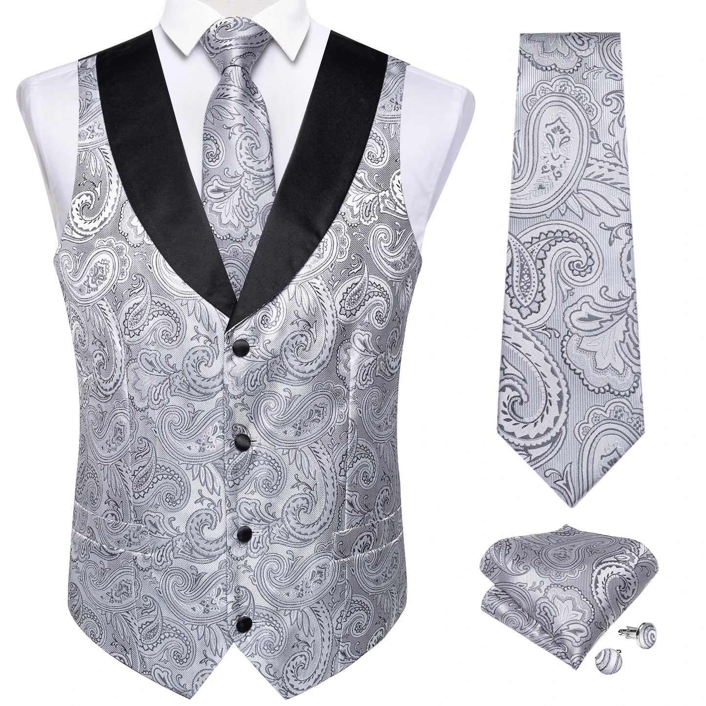 Men's Paisley Silk Suit Vest with Macthing Golden Paisley Neck Tie Handkerchief Cufflinks Wedding Prom Tuxedo Waistcoat