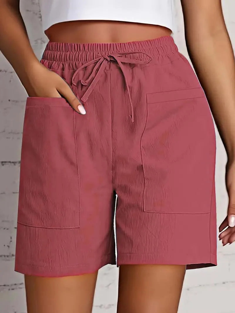 Summer New Women's Solid Color Pocket Loose High Waist Casual Fashion Quarter Shorts