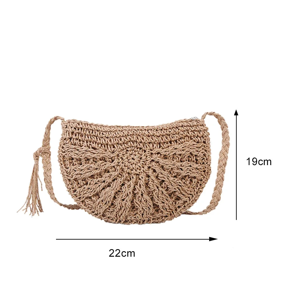 Woven Handbag Round Straw Woven Tote Bag Vacation Shoulder Bag Large Capacity