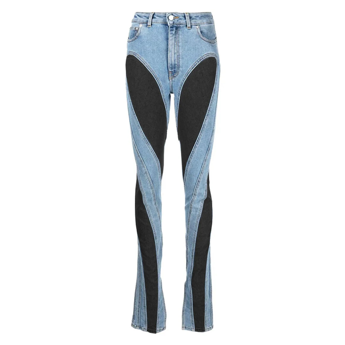Color Block Women's Jeans Slim Panelled Patchwork High Waist Split Blue Long Denim Pants