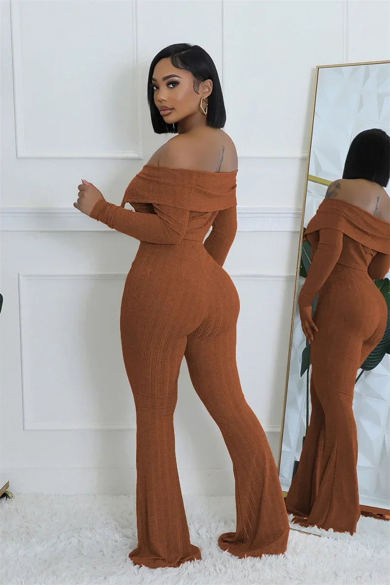 Knitted Two Piece Set Off Shoulder Slash Neck Crop Top and Flare Pants Set