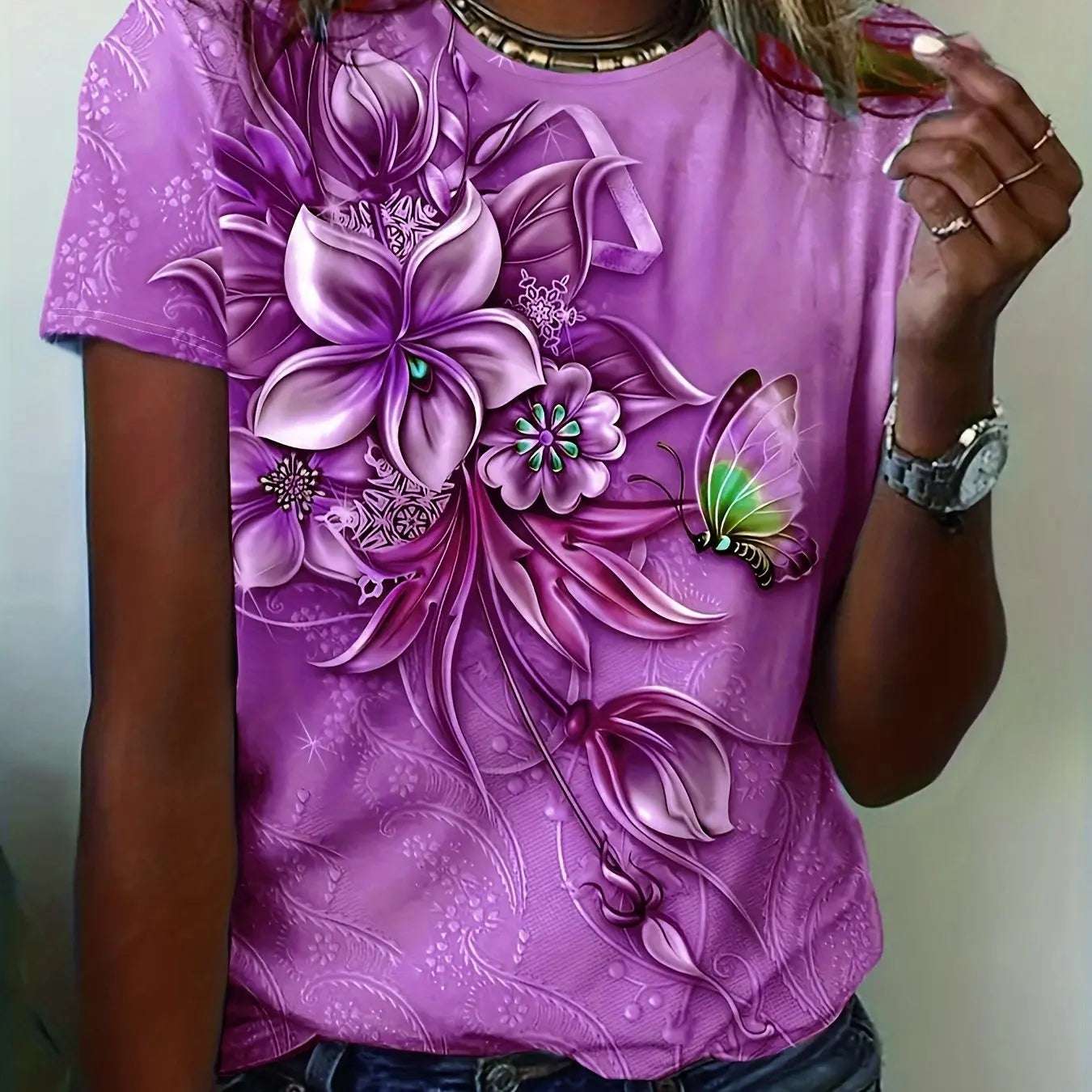 Flower Butterfly Printed Women's T-Shirt Summer NEW Oversize Short Sleeve Tee