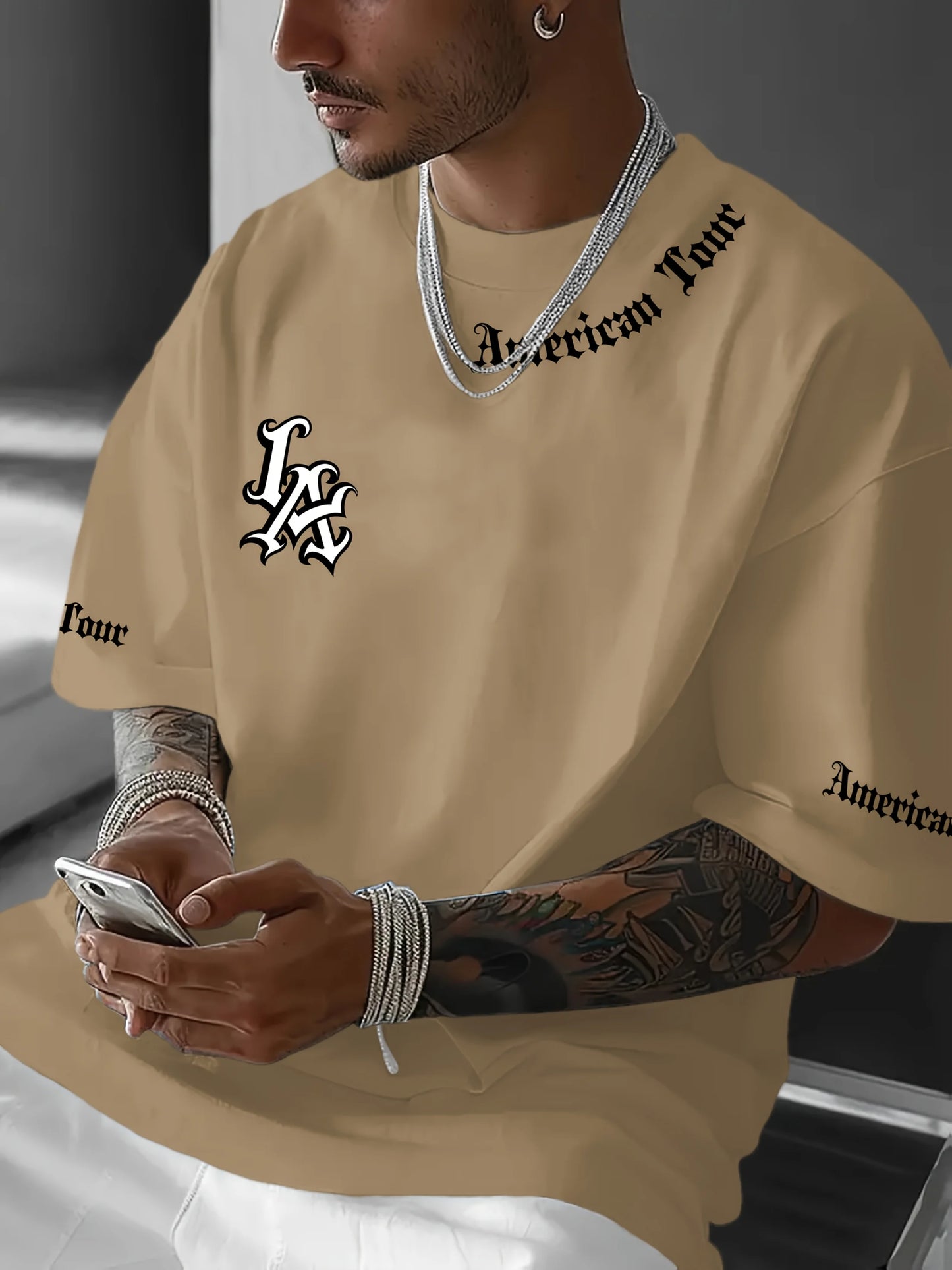 Men's simple LA logo graphic print casual t-shirt stylish round neck short sleeves