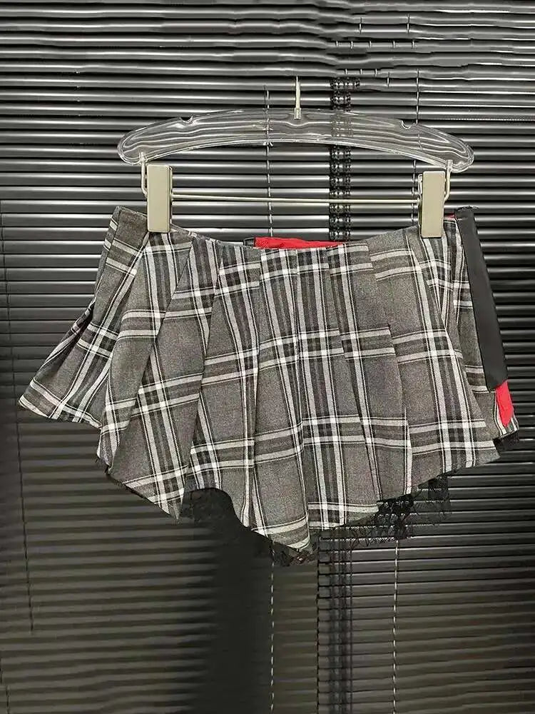 Women's Patchwork Plaid Design Pleated Mini Skirt High Waist A-line Skirt