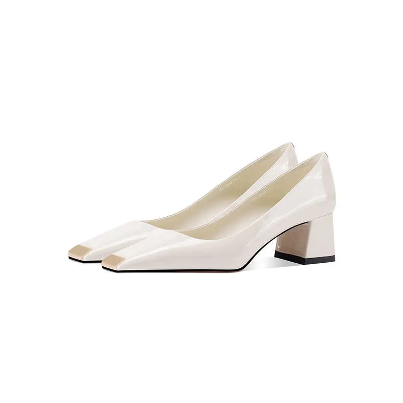 Ladies pumps chunky heels leather square head shallow mouth comfortable