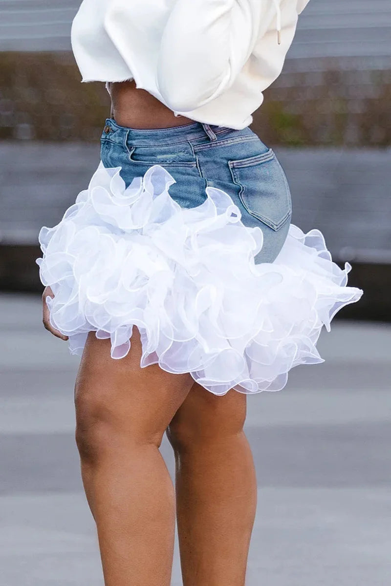 Plus Size Blue Casual Denim Tulle Pockets High Waist Mini Skirts