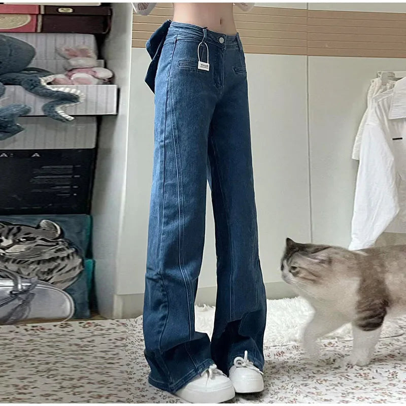 Y2K High Waist Flare Denim Jeans With Big Bow Ruffles Sweetheart Stylish Female Slim Fit Casual Trousers