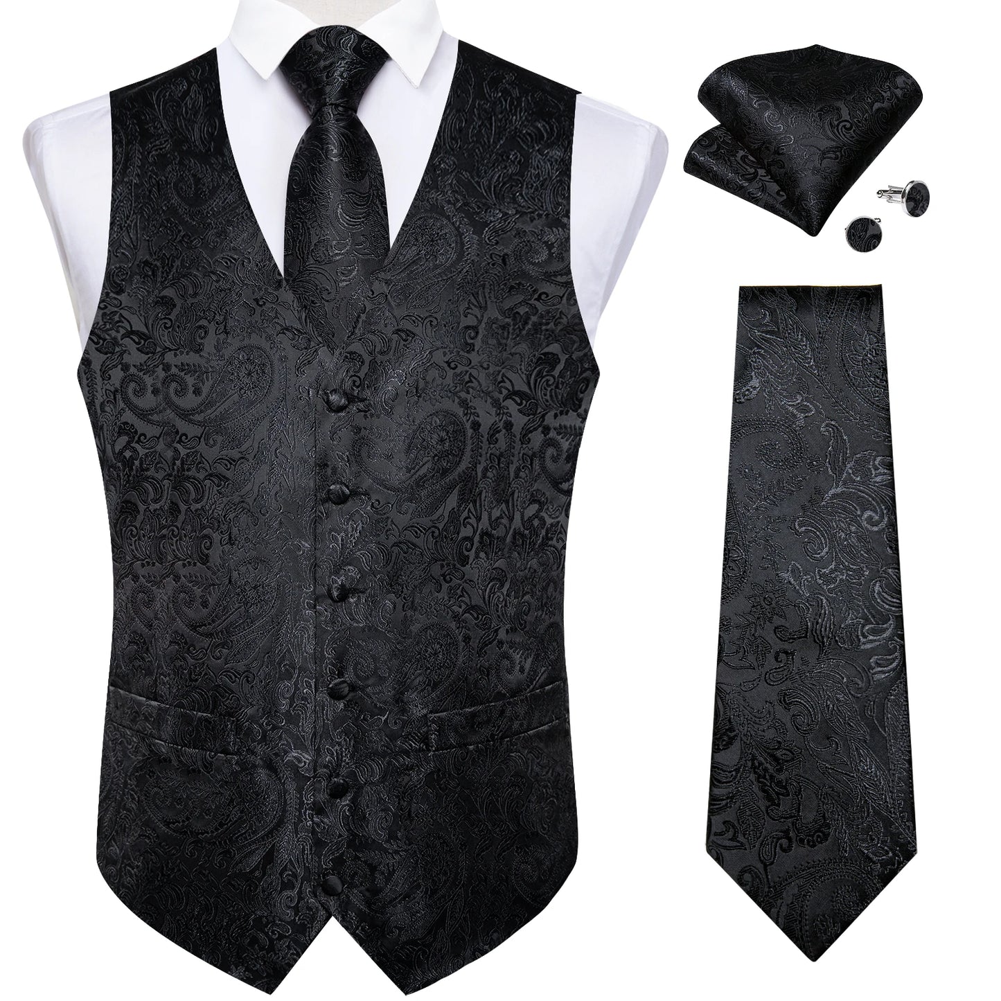 Luxury Paisley Men's Suit Vest Black Pink Red Wedding Prom Tuxedo Waistcoat Necktie Handkerchief Cufflink Sleeveless Jacket Vest