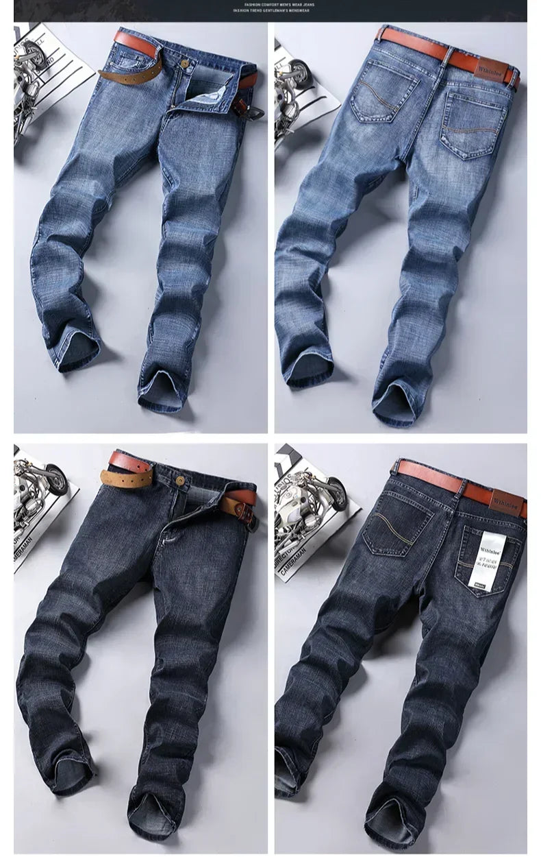 Men Classic Jeans Straight Regular Blue Stretch Denim Trousers Men's