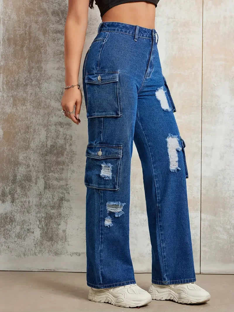 American Retro Punk Style Jeans New Versatile No Waist Pocket Work Style Fashion Denim Wide-leg Pants Female Baggy Jeans Pants