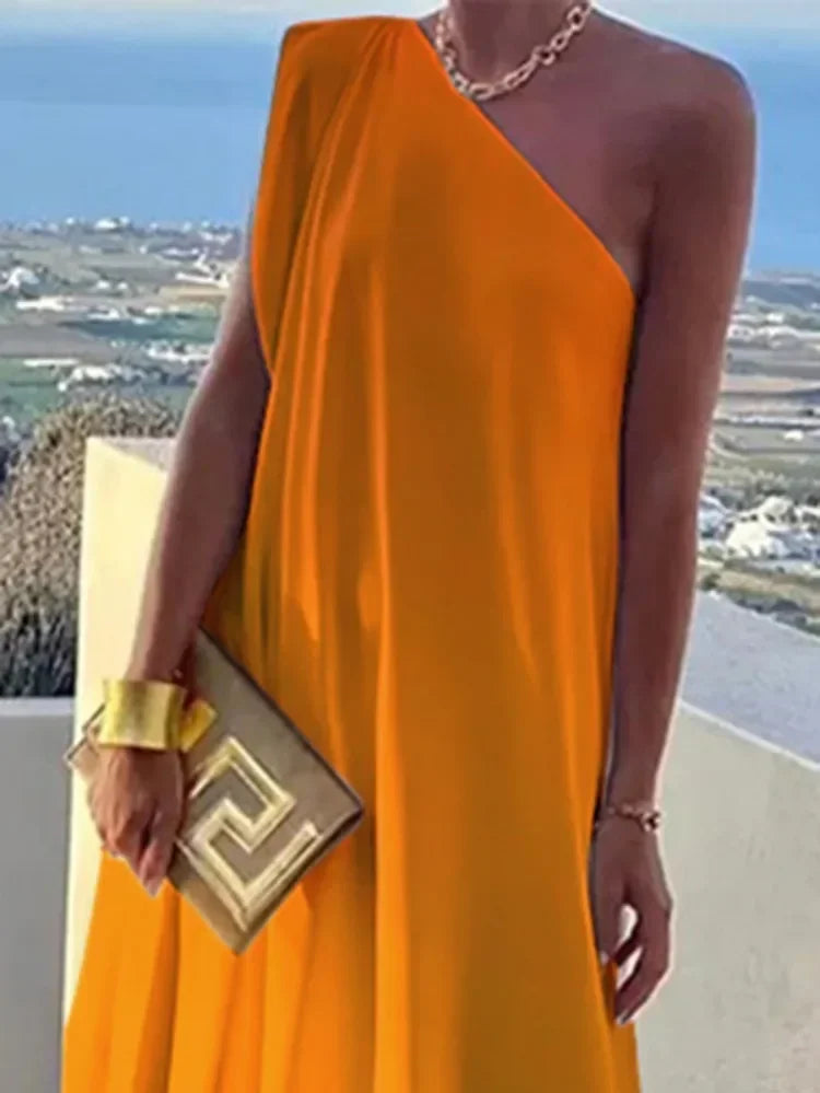 Gradient Color Vacation Beach Dress One-shoulder Sleeveless Elegant