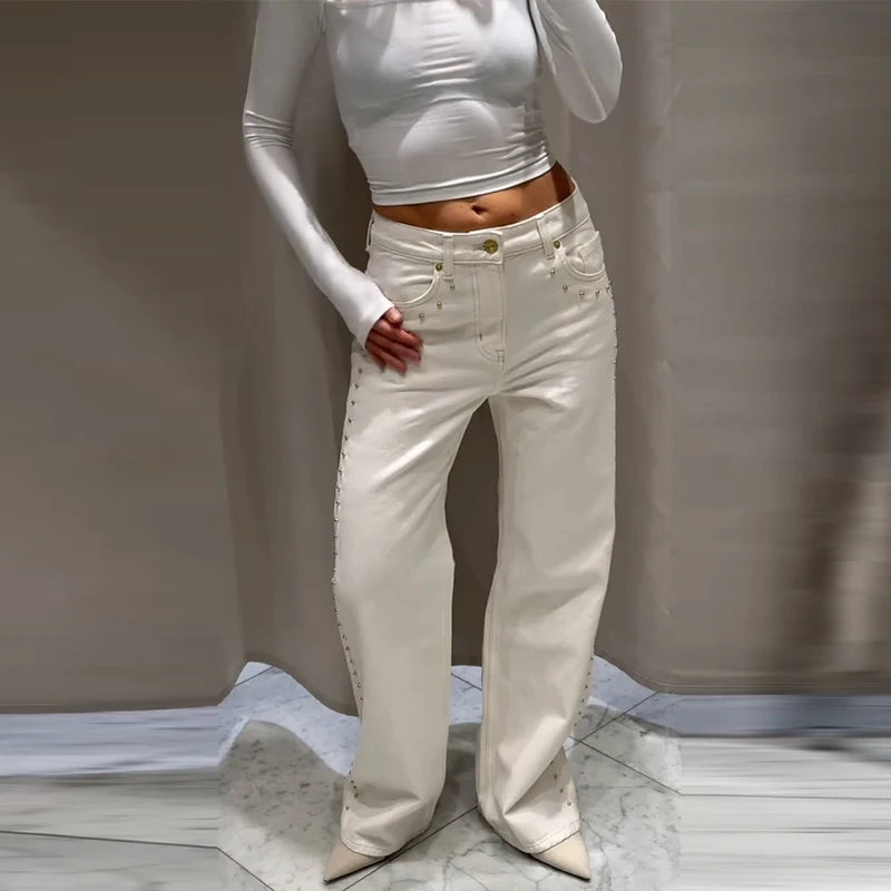 Metal Rivet Wide Leg Jeans Trousers Baggy Low Rise Pockets Denim