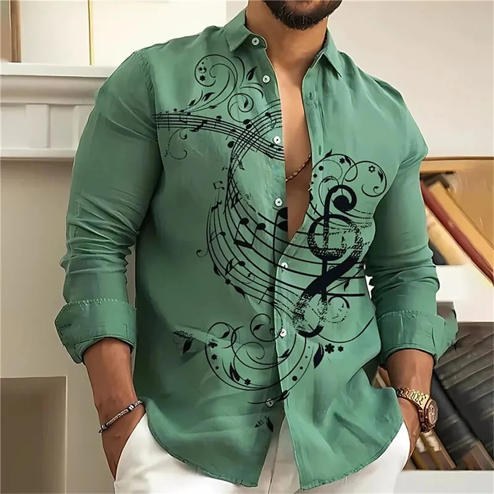 Music note print men's shirt casual open lapel top comfortable long-sleeved