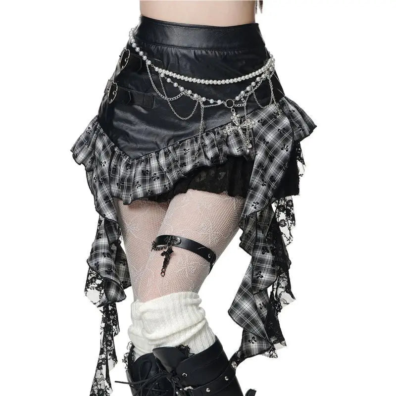 Retro Harajuku Gothic Style Leather Splicing Short Lace Hem Mini Pleated Skirt 2 / XL 2 / L 2 / M 2 / XL-2 / L-2 / M-2 / S-1 / XL-1 / L-1 / M-1 / S-