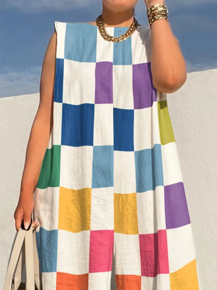 Multicolour Plaid Wide Leg Jumpsuit Sleeveless Oversize Loose Casual
