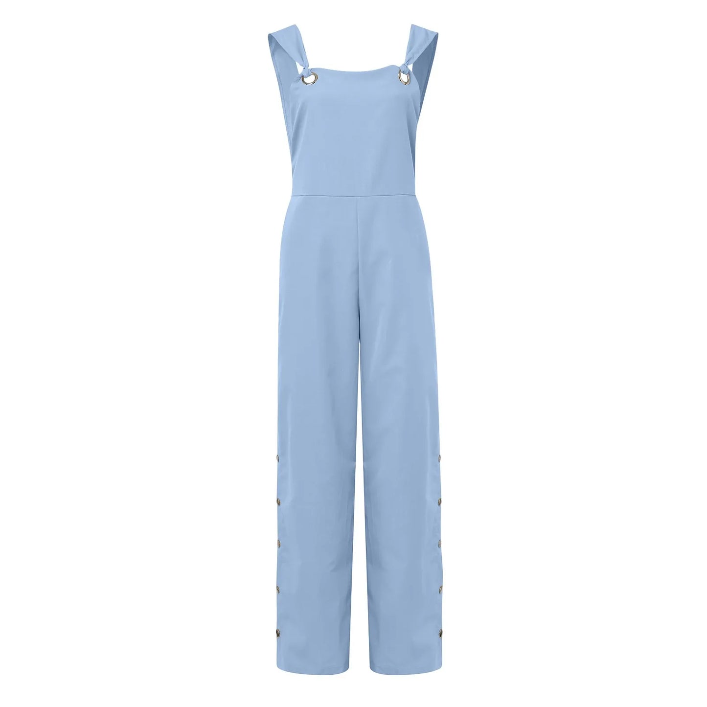 Women's Summer Sleeveless Cotton Linen Strappy Side Button Opening Overalls Loose Long Wide Leg Pants