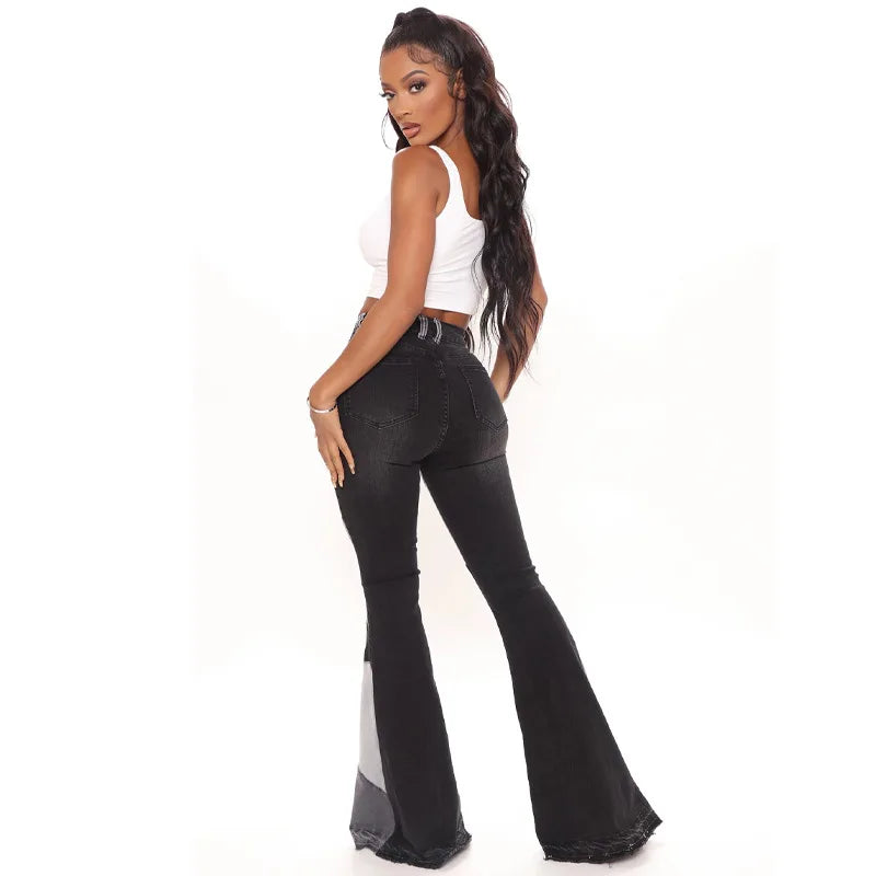 Women Flare Jeans Casual Pants Pannelled Collision High Waist Fit Female High Quality