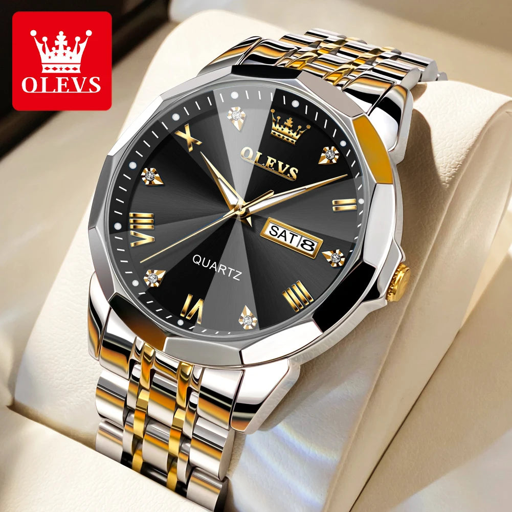 Gold Original Quartz Wristwatch Waterproof Luminous Watch for Male Rhombus Mirror Date Week