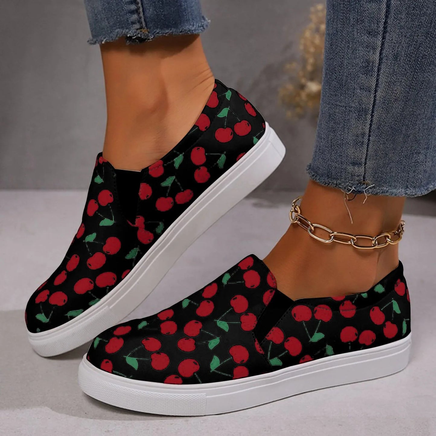 Ladies' Flat Casual Sports Shoes Cherry Printed Wide Width Close Fitting Black / 36 / United States White / 36 / United States