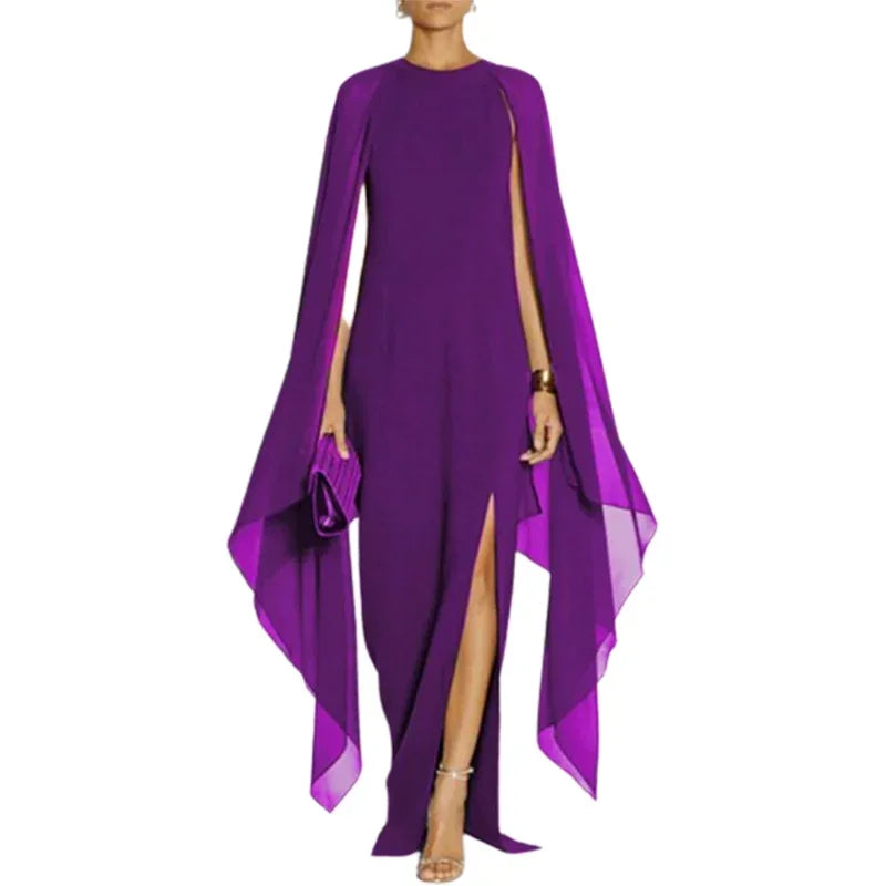 Women Elegant Purple Party Evening Maxi Dress Spring Cape Sleeves Solid Color Side-split Prom Gown