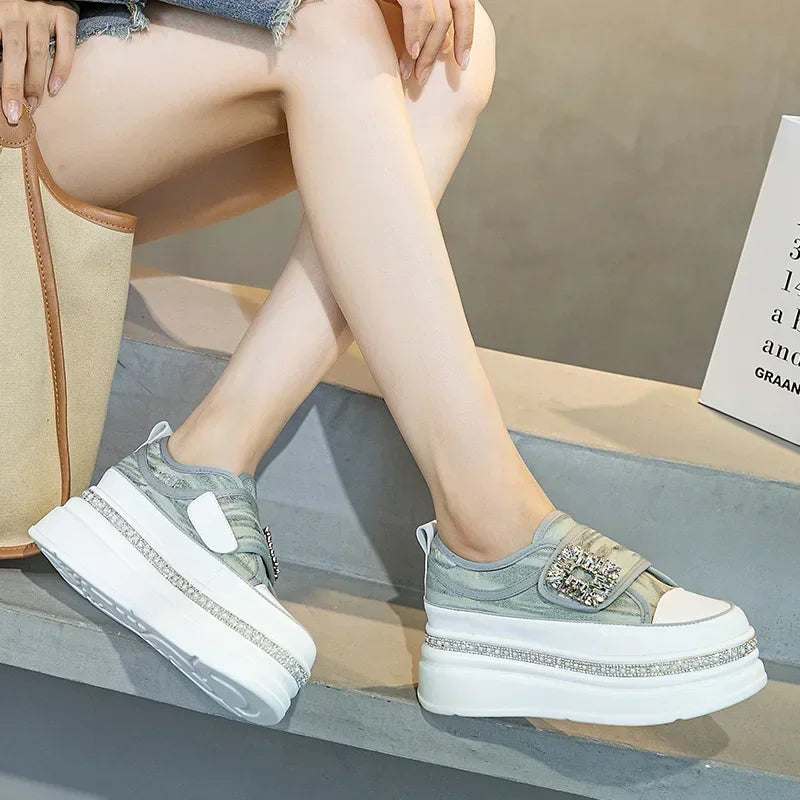 Denim Platform Wedge Genuine Leather Casual Comfy High Brand Chunky Sneakers Hidden Heels Shoes