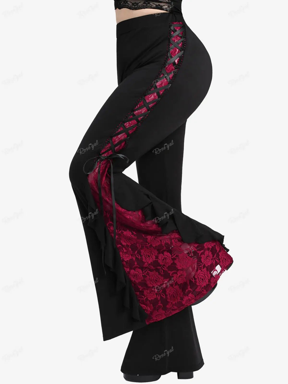 Gothic Lace Panel Lace-up Ruffle Flare Pants Elastic Waist Pull On Pant Colorblock Bell Bottom