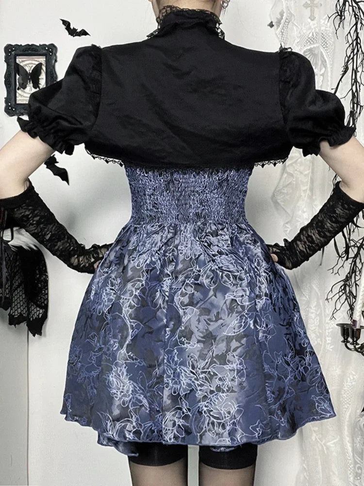 Vintage Gothic Smock Women Elegant Cute Lace Patchwork Puff Sleeve Crop Tops Aesthetic Fairy