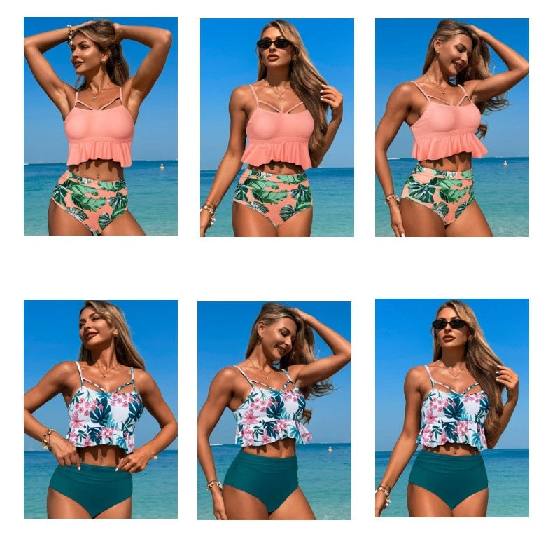 Women's Bikini Set High Waist Tankini Hollow Out Ruffle 2 Piece Swimsuit with Chest Cushion