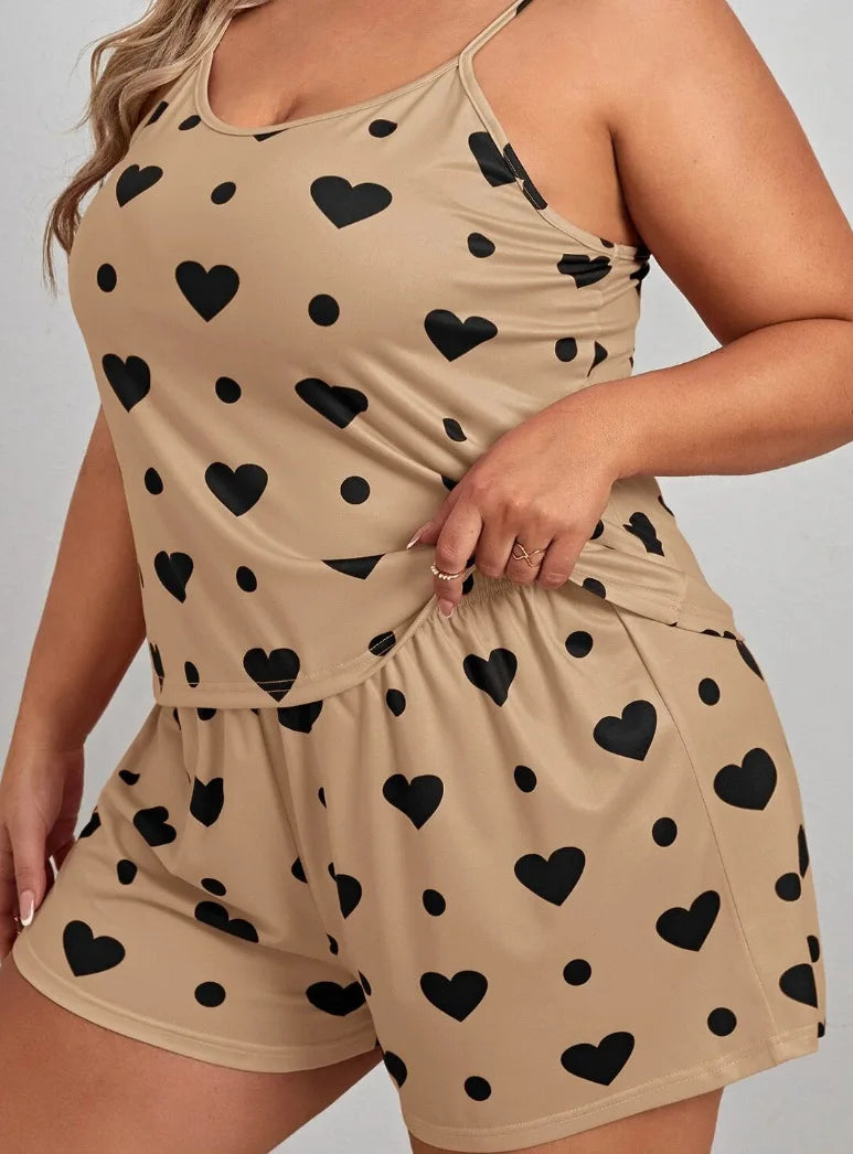 Plus Size Heart Print Women Pajama Set Sleeveless O Neck Crop Top & Elastic Waist Shorts 2 Pieces Female Sleepwear Nightwear
