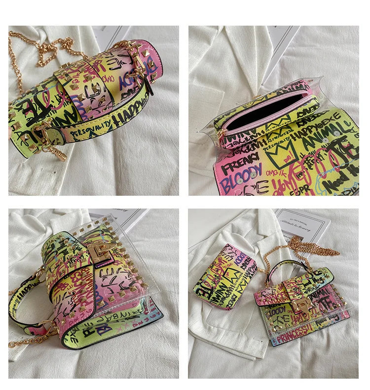 Women Studded Graffiti Crossbody Bags Fashion Shoulder Bag For Ladies High Quality