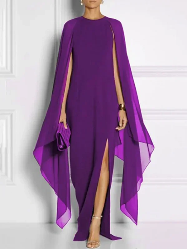 Women Elegant Purple Party Evening Maxi Dress Spring Cape Sleeves Solid Color Side-split Prom Gown