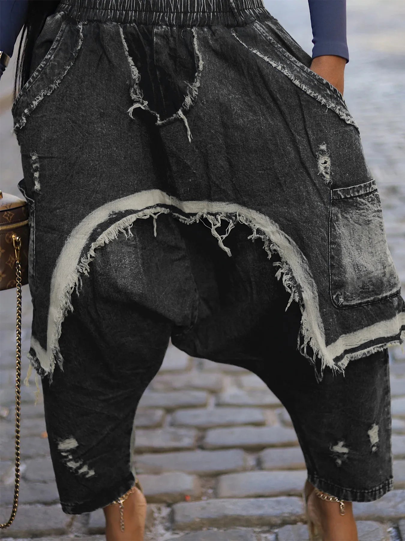 Women Streetwear Ripped Out Hole Denim Pants Loose Safari Style Cargo Harem