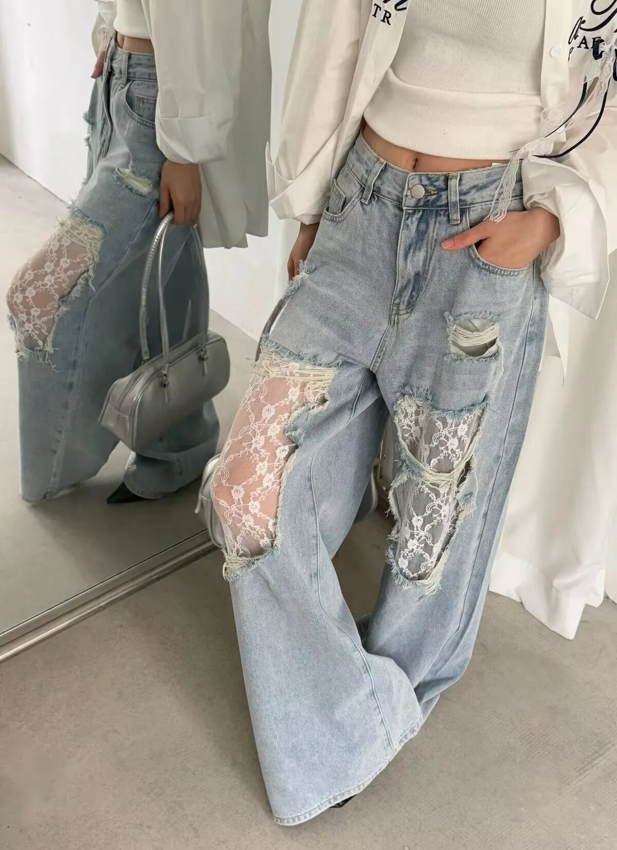 American Style Hottie Hole Lace Spliced Jeans for Women Y2k Fashion High Waist Loose Wide Leg Pants