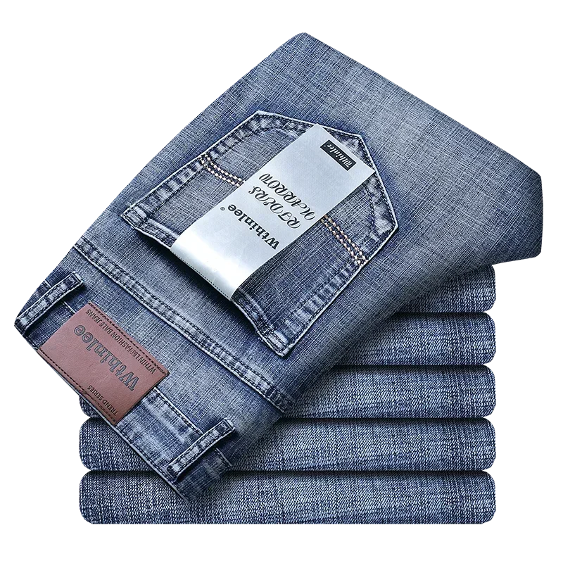 Men Classic Jeans Straight Regular Blue Stretch Denim Trousers Men's