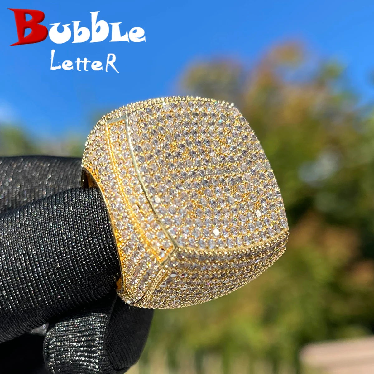 Bubble Letter Iced Out Ring for Men Real Gold Plated Prong Setting Copper CZ Stones United States
