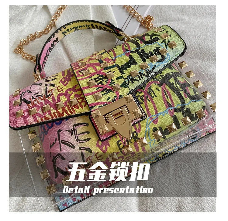 Women Studded Graffiti Crossbody Bags Fashion Shoulder Bag For Ladies High Quality