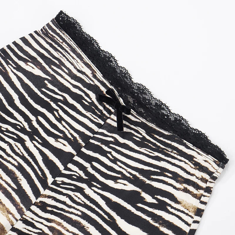 Lace Edge Bow Decoration Leopard Print Slim Seven Pants Summer