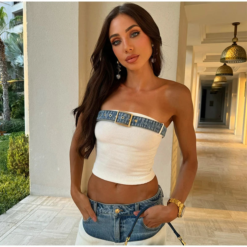 Designer White Knit Denim Suits Set Women's Patchwork Elegant Sleeveless Tops Matching Wide Leg Baggy Pants
