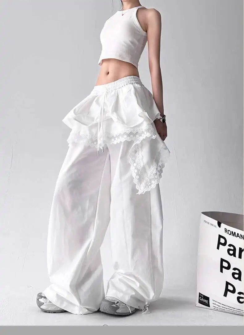 Y2K Black Cargo Pants Women Lace Patchwork White Wide Leg Pants