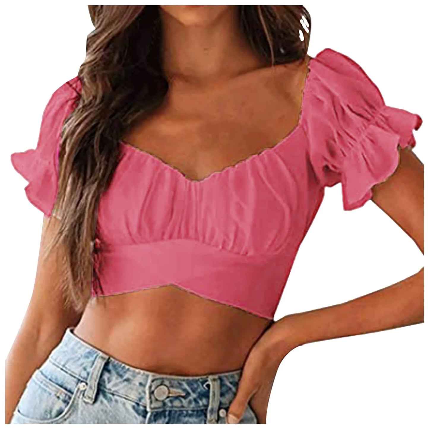 Deep V Neck Cropped Top Ruffled Short Sleeve Backless Tight Tank Top Watermelon Red / XL / United States Watermelon Red / S / United States