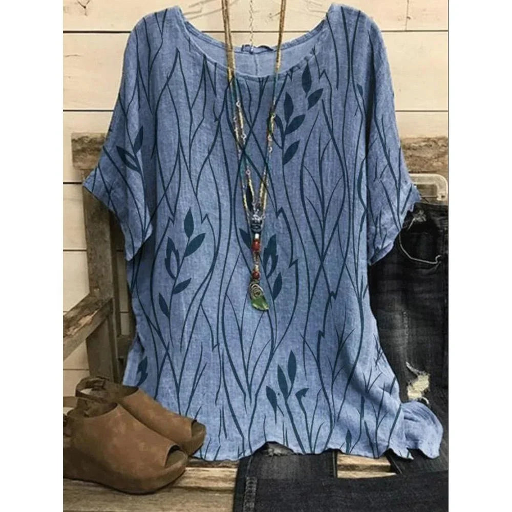 Casual Loose Leaves Print Blouse T-shirt Ladies Fashion Vintage Blouse Unique Half Sleeves