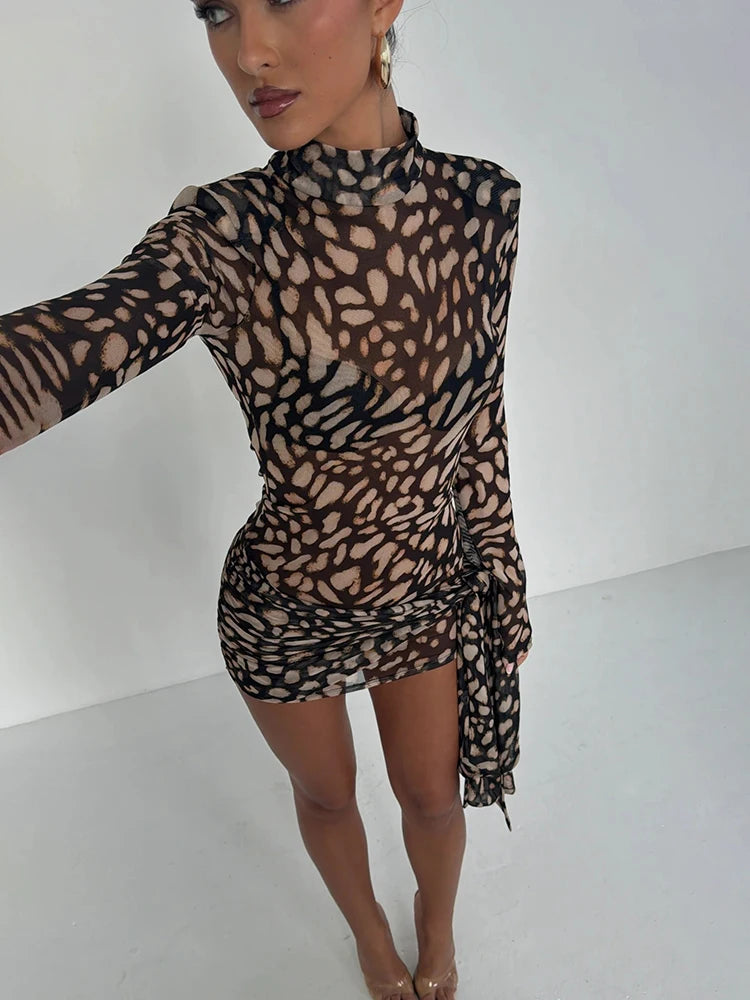 Fantoye Turtleneck Sheer Print Leopard Bandage Dress Long Sleeve Mini Slim Elegant Leopard / L Black / S Black / M Leopard / L-Black / S-Black / M-Leopard / S-Black / L-Leopard / M-