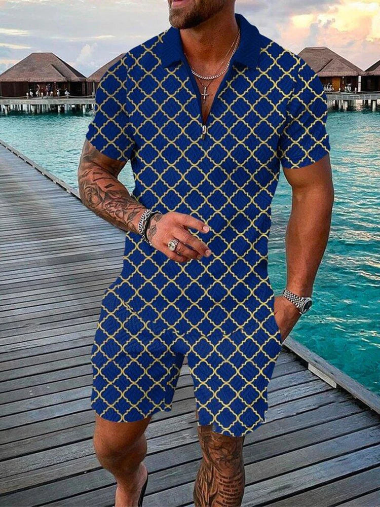 3D Print Men's Tracksuit Set Casual Zipper Collar Polo Shirt And Shorts 2pcs Sets Men Clothing Pullover