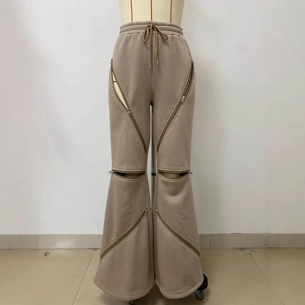 Basic Zipper Adjust Hole Women Wide Leg Loose Joggers Pants Fall Winter Active Loose Sporty Sweatpants