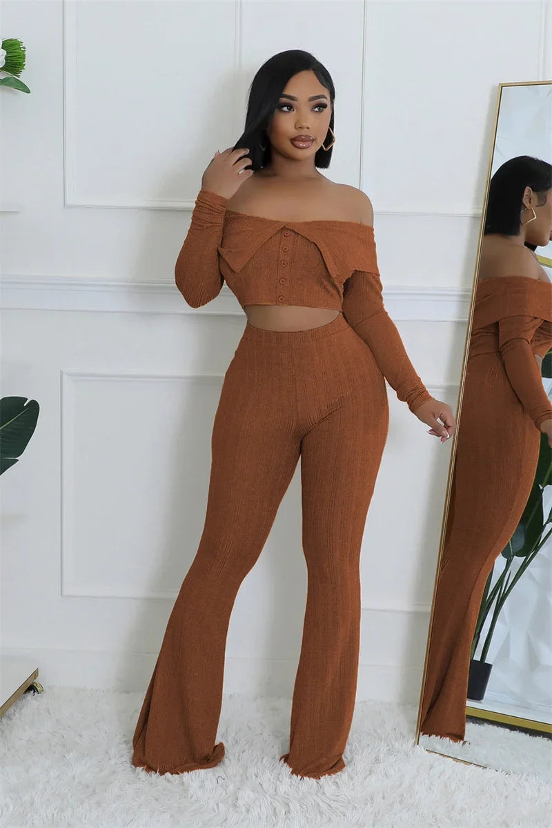 Knitted Two Piece Set Off Shoulder Slash Neck Crop Top and Flare Pants Set