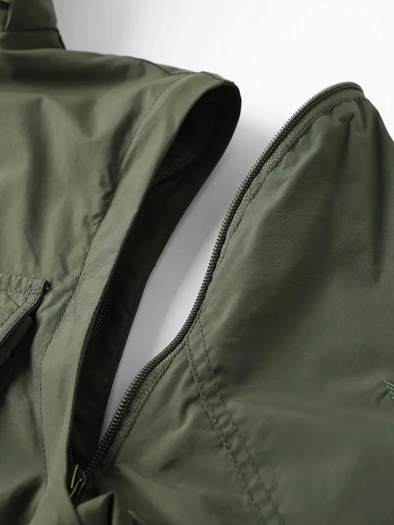 Detachable windproof sleeved hooded jacket suitable for outdoor activities men's casual waterproof multi pocket jacket vest