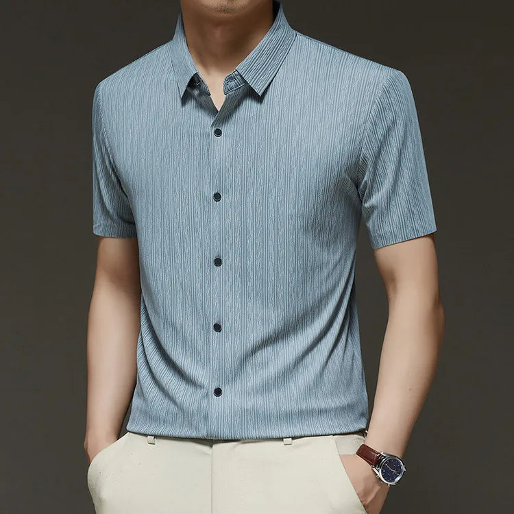 Men's Slim Fit Short Sleeve Dress Shirt Premium Spandex Stretch Fabric Solid Colors Business Casual