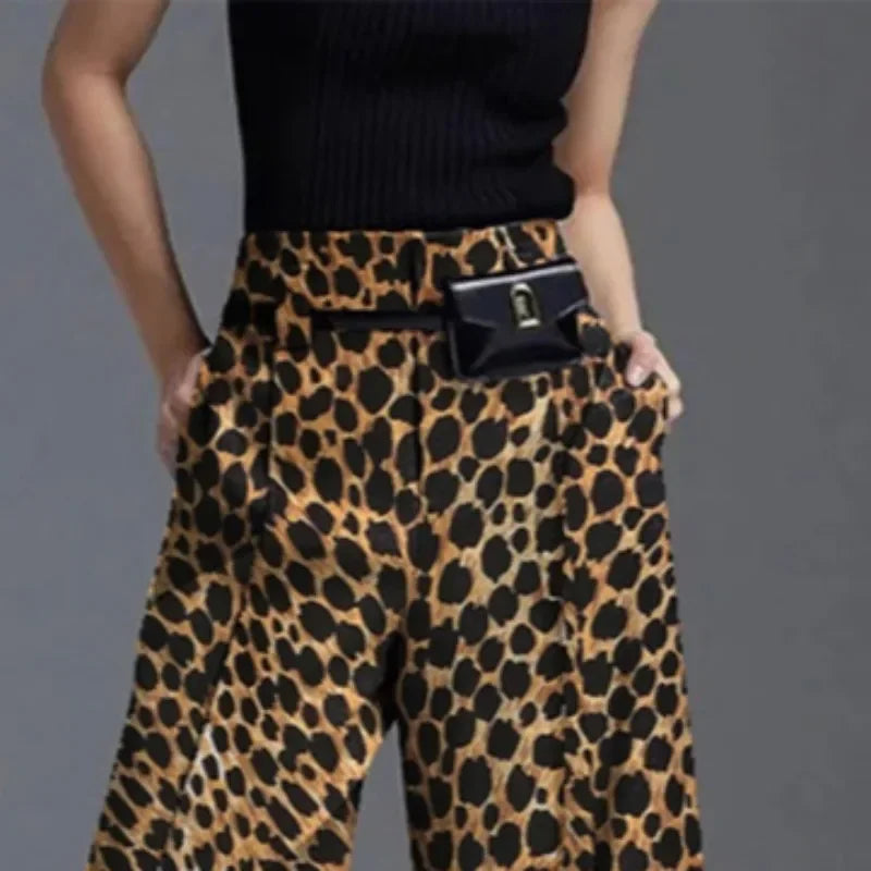 Women High Street Leopard Printed Pants Casual Loose Split-Front High-Waist Wide Leg